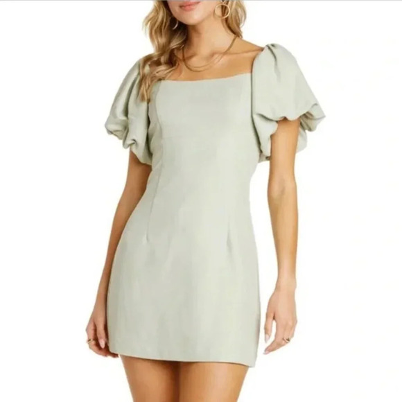 Willow Lucia Off-the-Shoulder Puff Sleeve Mini Dress in Light Sage, Size L - Picture 1 of 9